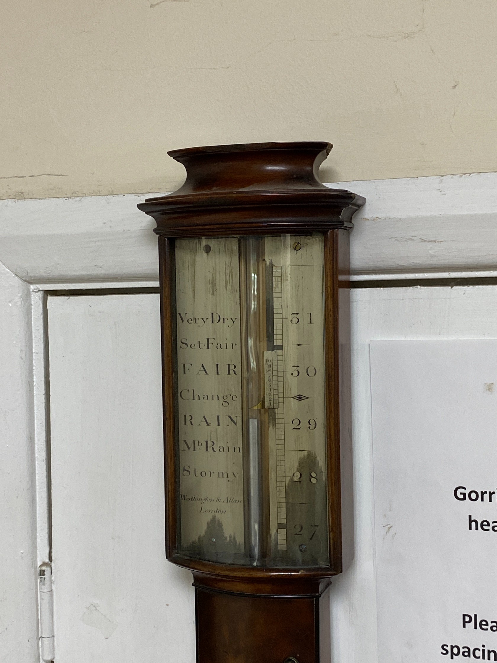 A George III mahogany bow front stick barometer, marked Worthington and Allan, London, height 99cm